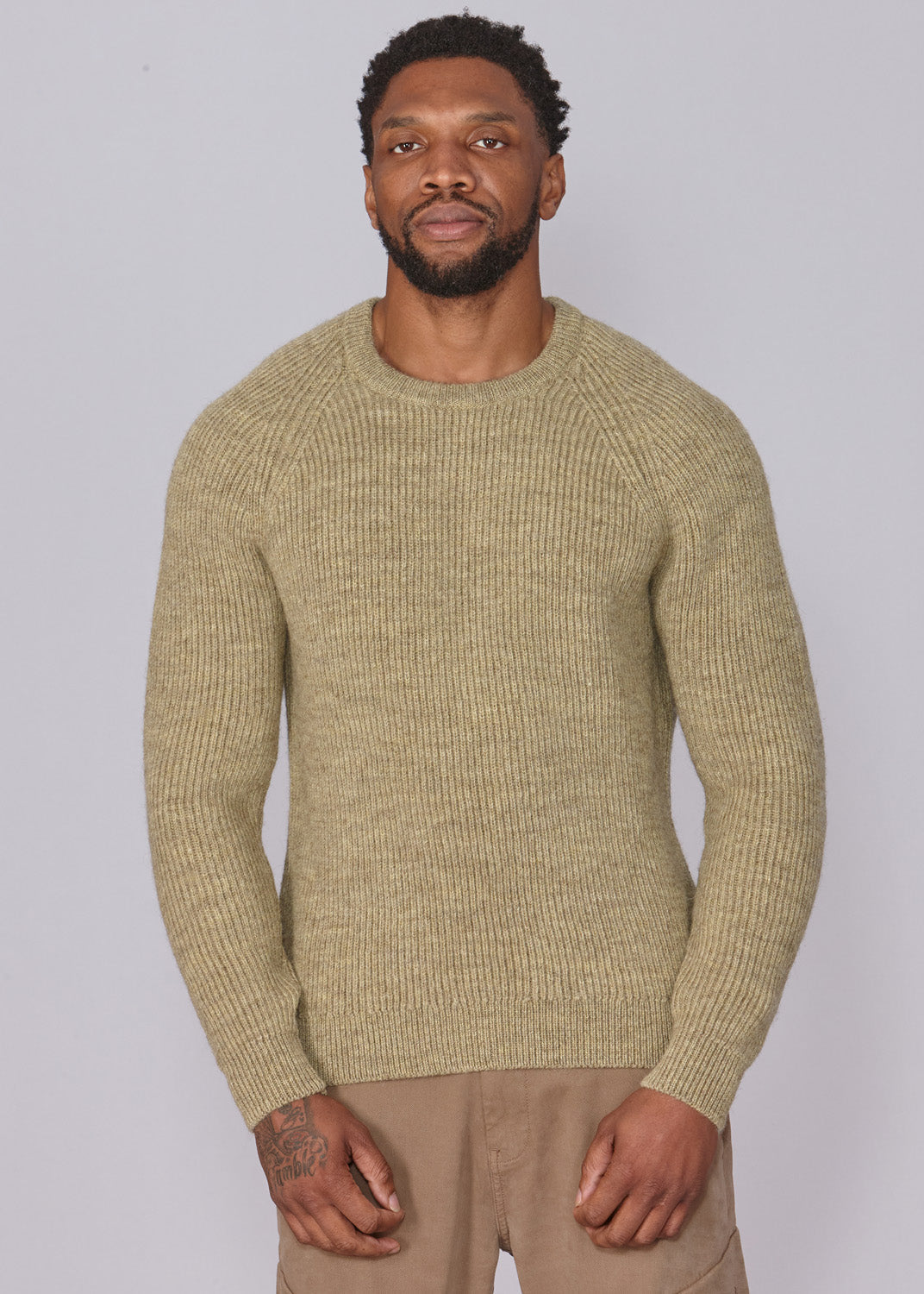 Mens SuperSoft British Wool Raglan Ribbed Jumper - Moss