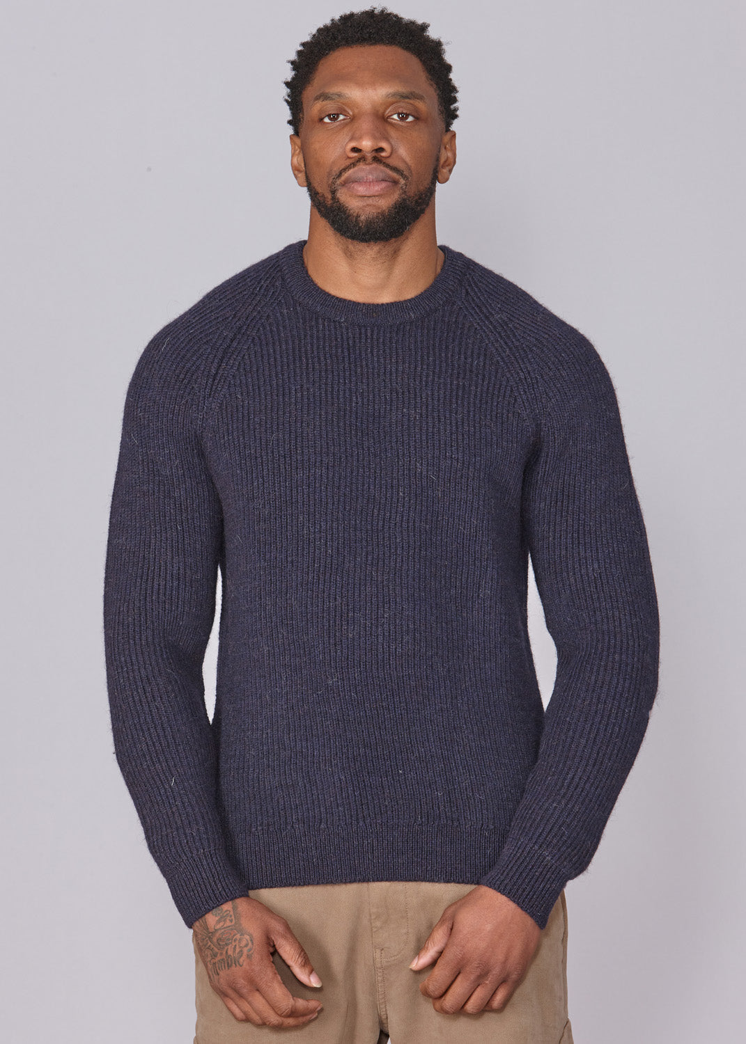 Mens SuperSoft British Wool Raglan Ribbed Jumper - Navy